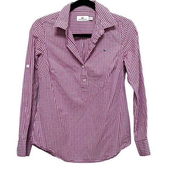 🍀 Vineyard Vines Womens Button Up Shirt Purple Gingham Roll Tab Long Sleeve 00 - Picture 1 of 7